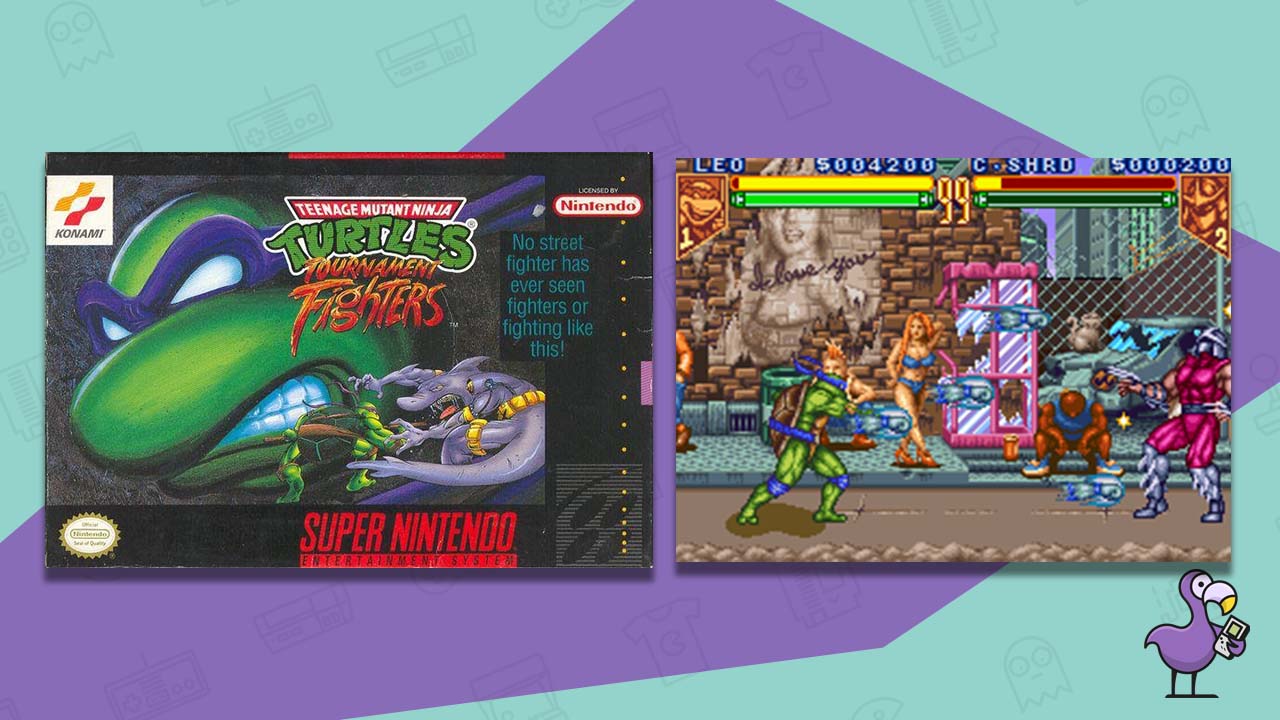 teenage mutant ninja turtles tournament fighters SNES game box and gameplay