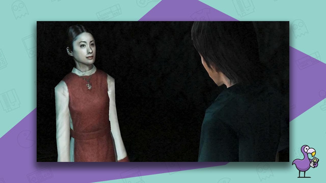 Two characters looking at each in a gameplay still from Siren