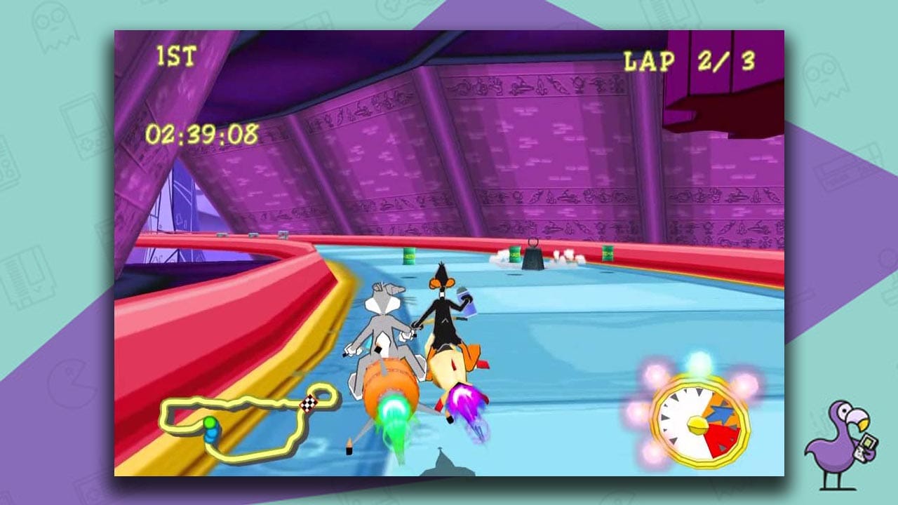 Looney Tunes: Space Race gameplay - Bugs Bunny is racing on a space carrot while Daffy Duck races alongside him on a rocket.