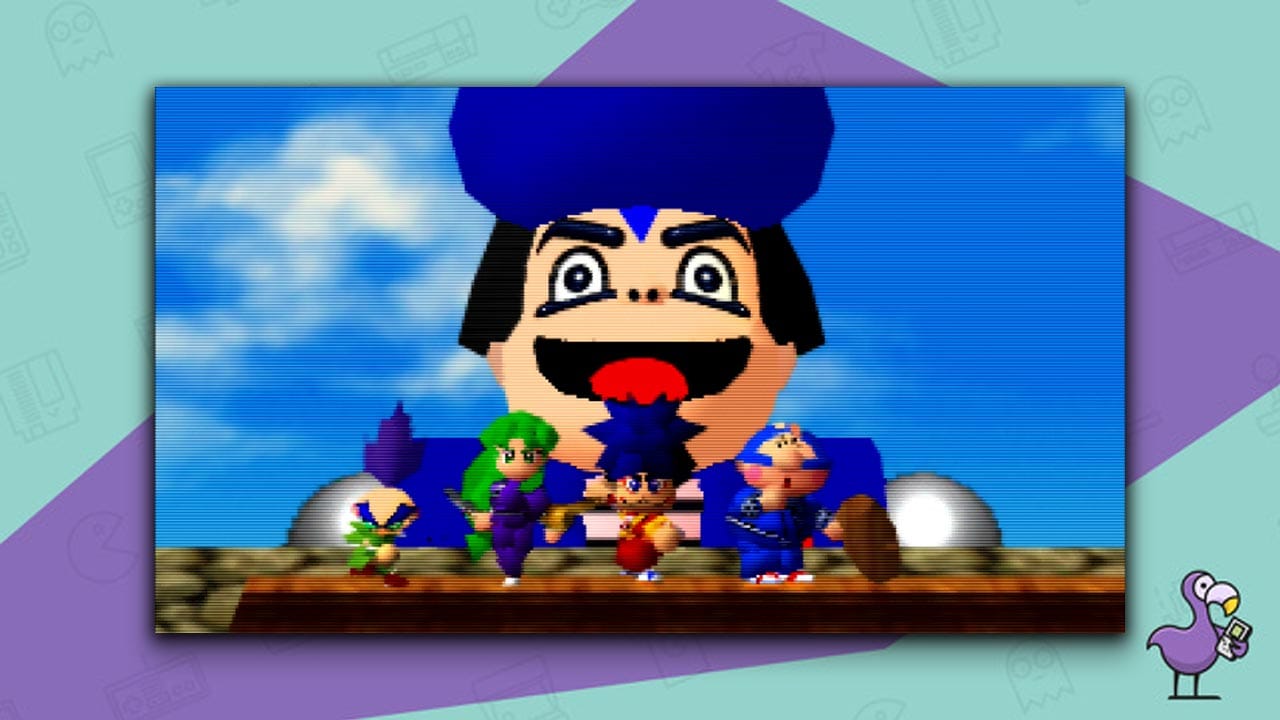 Mystical Ninja Starring Goemon gameplay - Sasuke, Yae, Goeman, and Ebisumaru standing on a rooftop in front of a robotic head