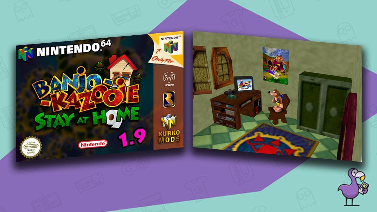 Banjo Kazooie: Stay at Home Edition Mod case artwork and gameplay showing Banjo in his bedroom. 