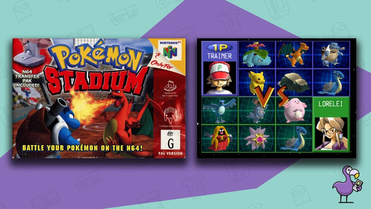 Pokemon Stadium Kaizo with Pokemon Stadium game case and Pokemon selection screen.