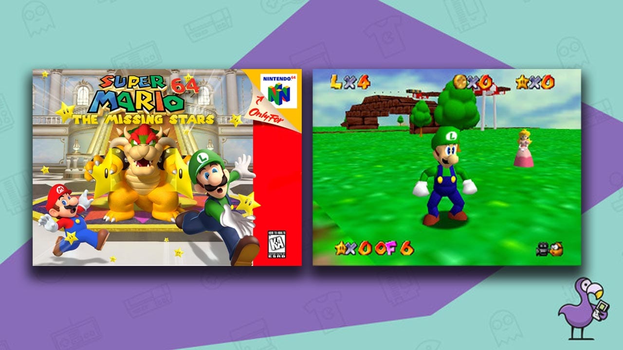 Best Super Mario 64 ROM hacks - Super Mario 64: The Missing Stars mod game case with Bowser, Mario, and Luigi. Gameplay showing Luigi and Peach. 