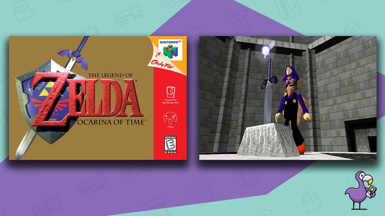 Waluigi of Time mod showing Waluigi standing before the Master Sword in the Temple of Time