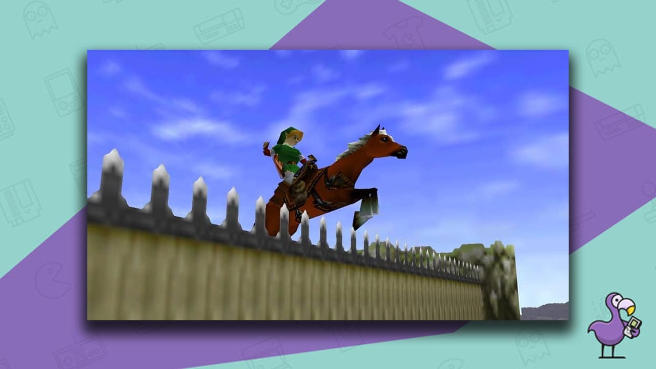 How to get Epona in Zelda Ocarina of Time - Adult Link and Epona jumping the fence of Lon Lon Ranch