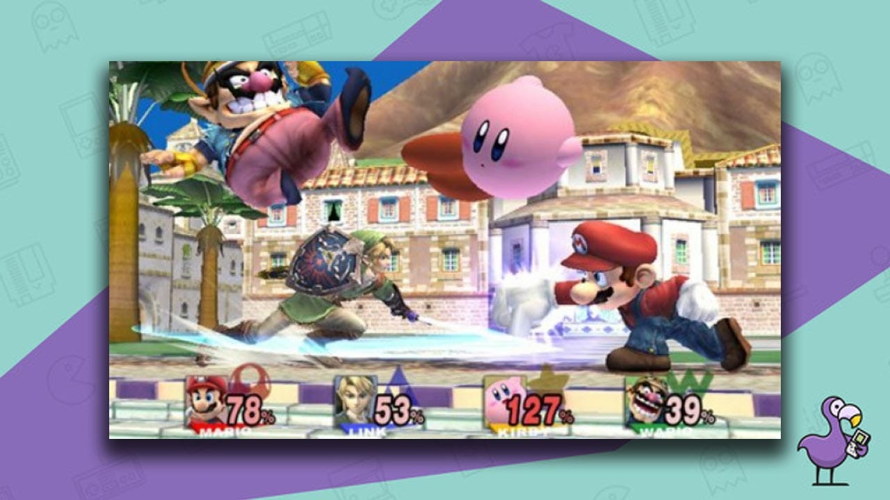 Super Smash Bros Brawl gameplay, with Wario, Link, Kirby, and Mario battling close to the screen