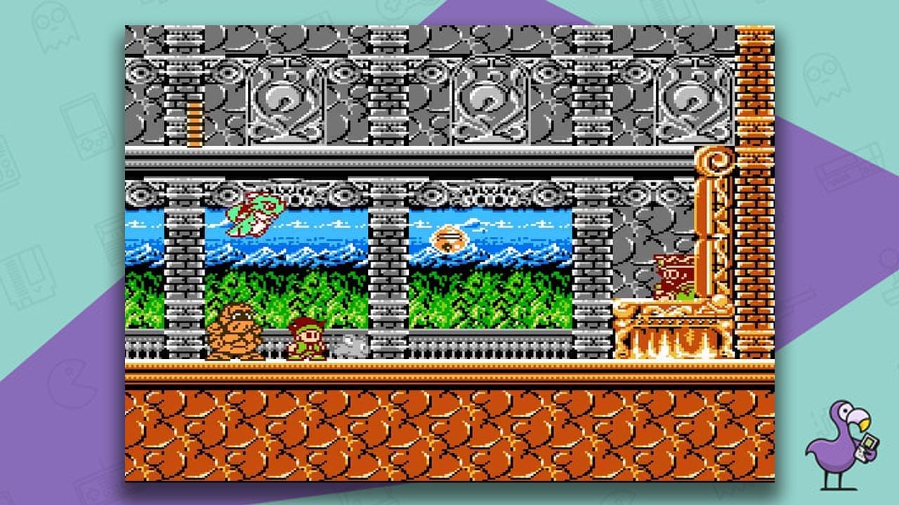 Little Samson gameplay, with Samson moving towards a king on a throne in a room with columns 