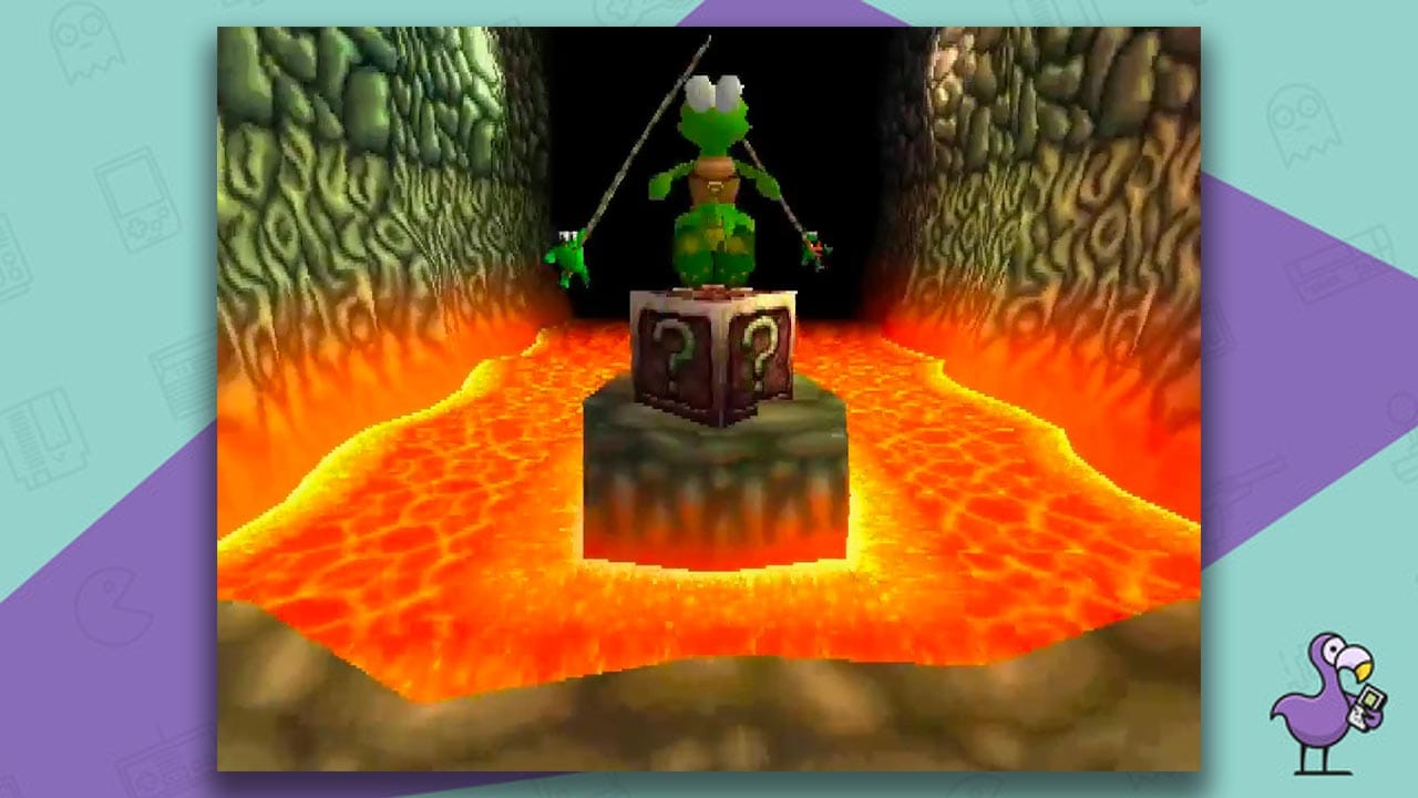 Croc 2 gameplay - Croc swinging over a lava lake towards a box