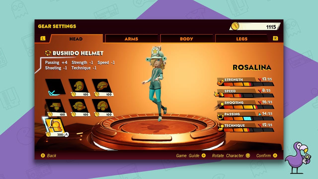 how to unlock the bushido gear in Mario strikers battle league - Rosalina wearing the Bushido helmet