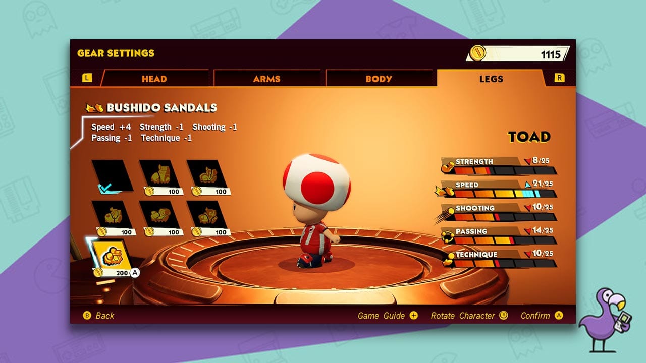 how to unlock the bushido gear in Mario strikers battle league - Toad wearing the bushido sandals