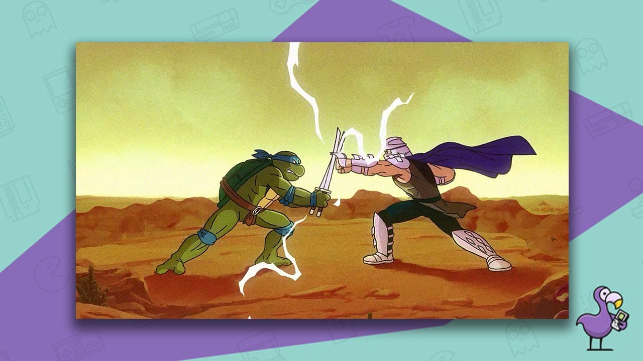 Teenage Mutant Ninja Turtles: Shredders Revenge Review - Leonardo battling shredder cutscene