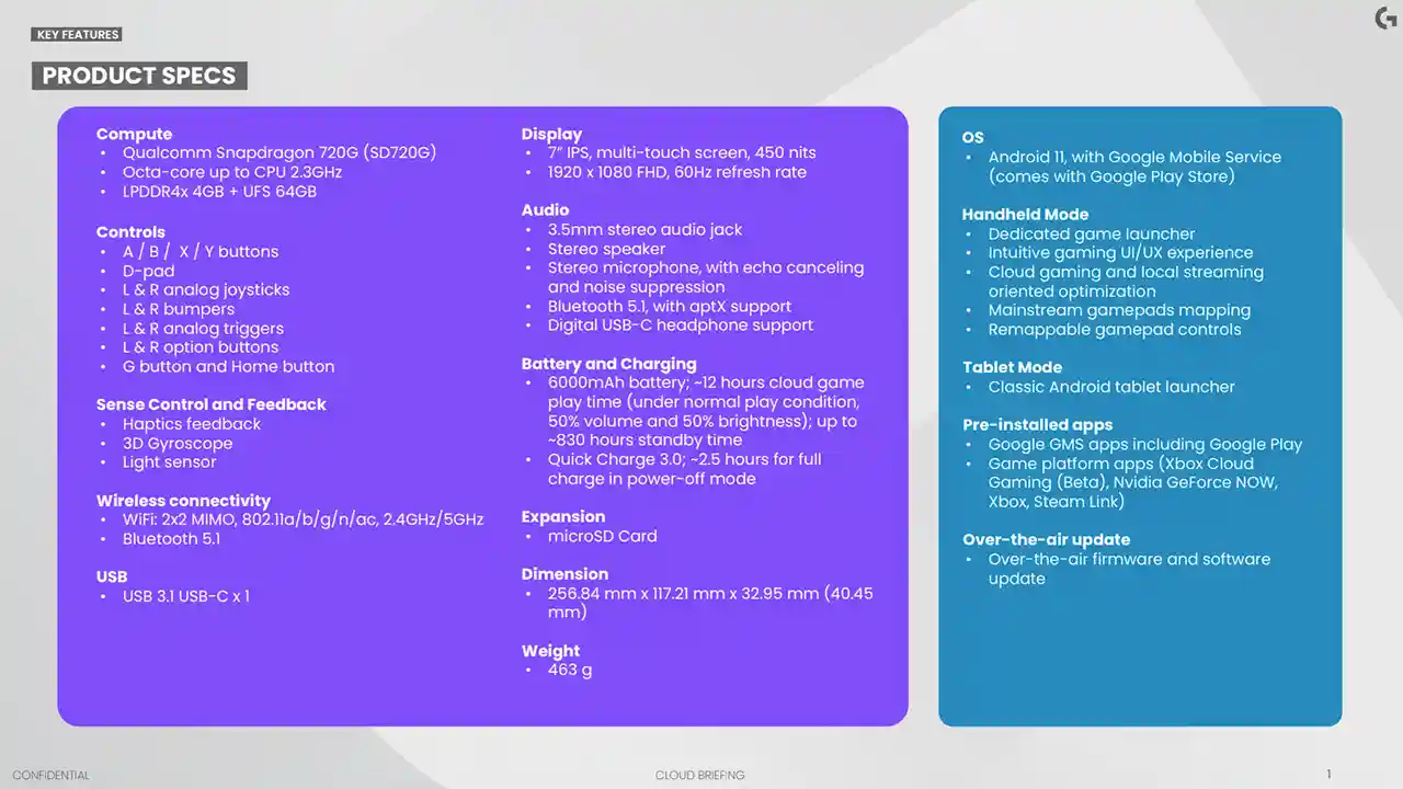 logitech g cloud handheld specs