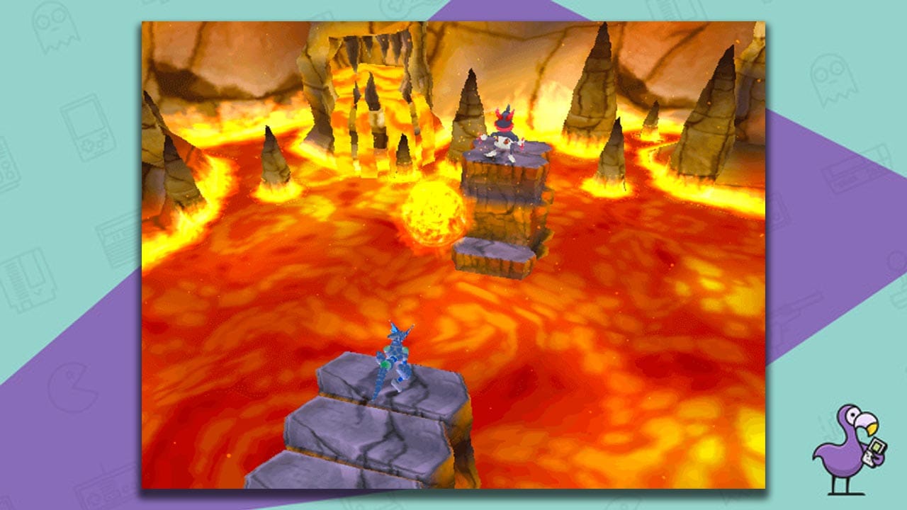 Amazing Island gameplay - there are two stone platforms separated by a sea of lava