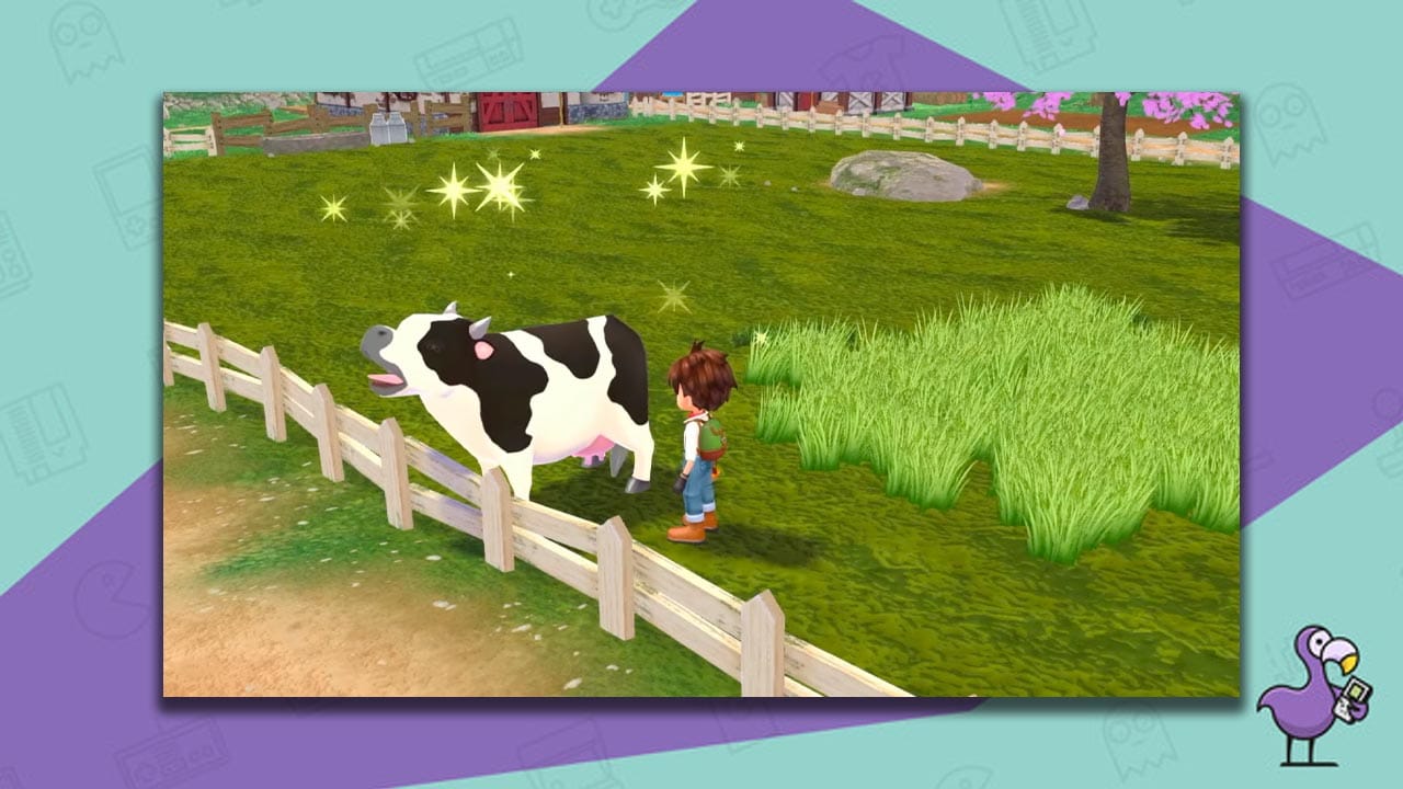 Harvest Moon Another Wonderful Life gameplay - character standing next to a cow in a field with glittery stars floating above it