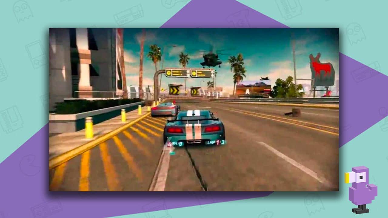 Split/Second gameplay - a blue car with white stripe decals driving a long a highway