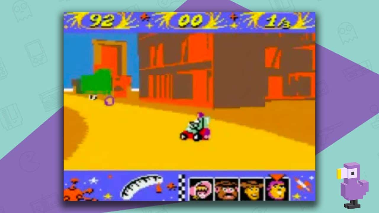 Buzz Lightyear racing through a level on a kart - Gameboy Colour gameplay for Toy Story Racer