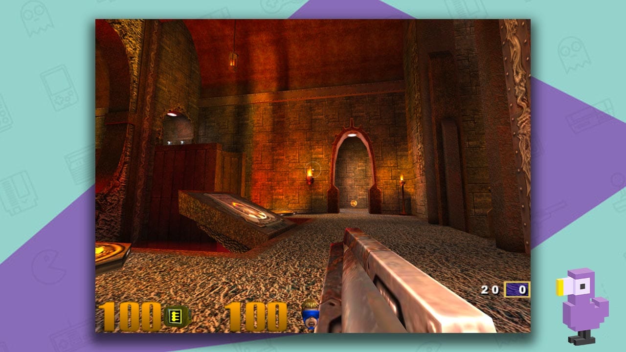 Quake III: Arena gameplay, with the player seeing a gun in fps mode looking into a temple. 