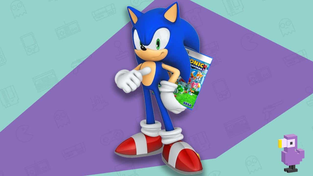 Sonic holding a copy of Sonic Superstars