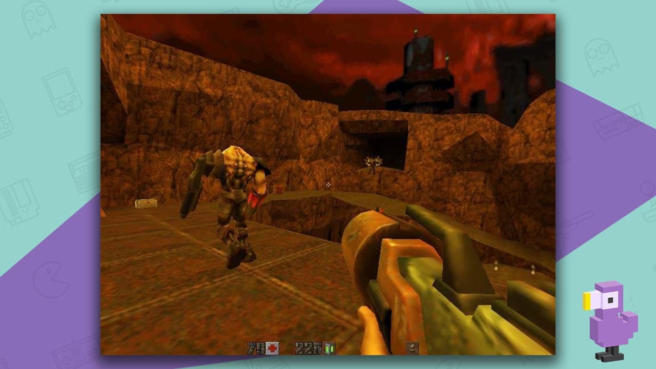 Quake II: Ground Zero gameplay, showing the player pointing a gun at an enemy's back