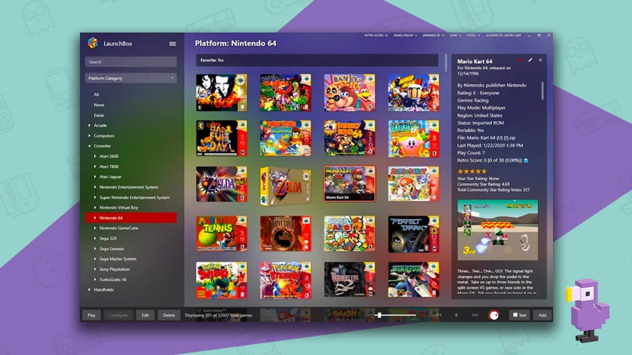 Launchbox retro games emulator with a selection of N64 game boxes