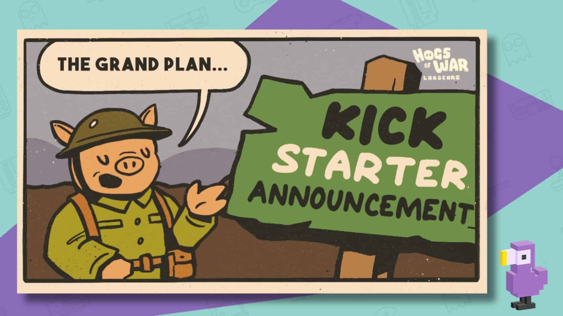 KICKSTARTER ANNOUNCEMENT POSTER OF A PIG IN ARMY UNIFORM