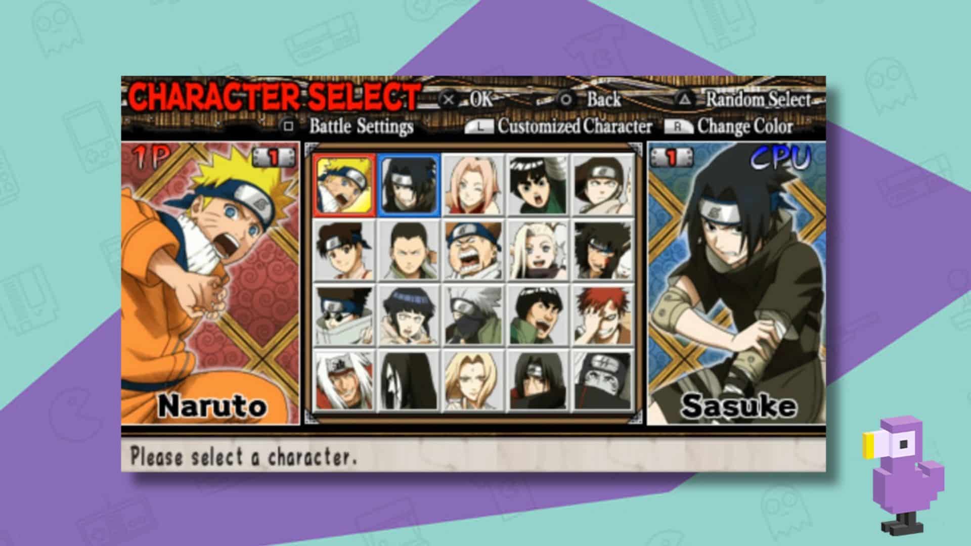 NARUTO ULTIMATE NINJA HEROES SCREENSHOT OF CHARACTER SELECT SCREEN