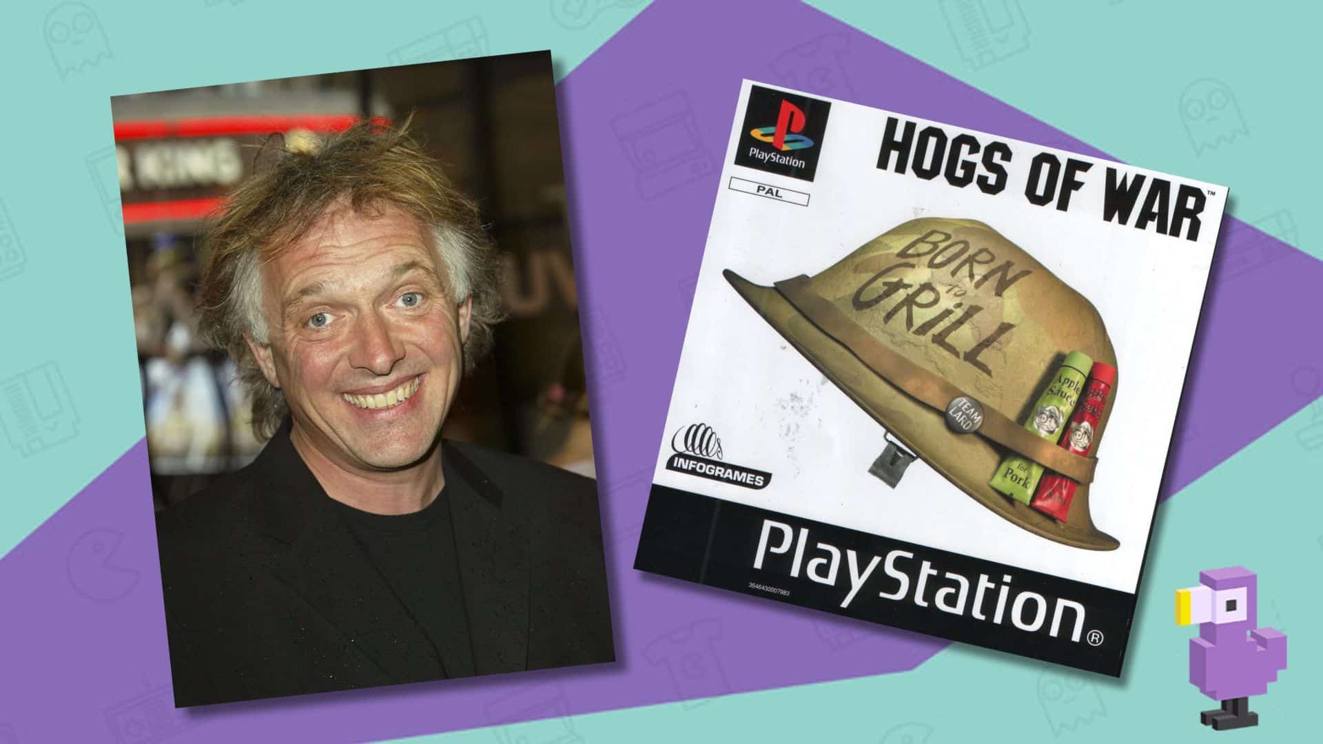 COMEDY ACTOR RIK MAYALL AND HOGS OF WAR PS1 GAME CASE