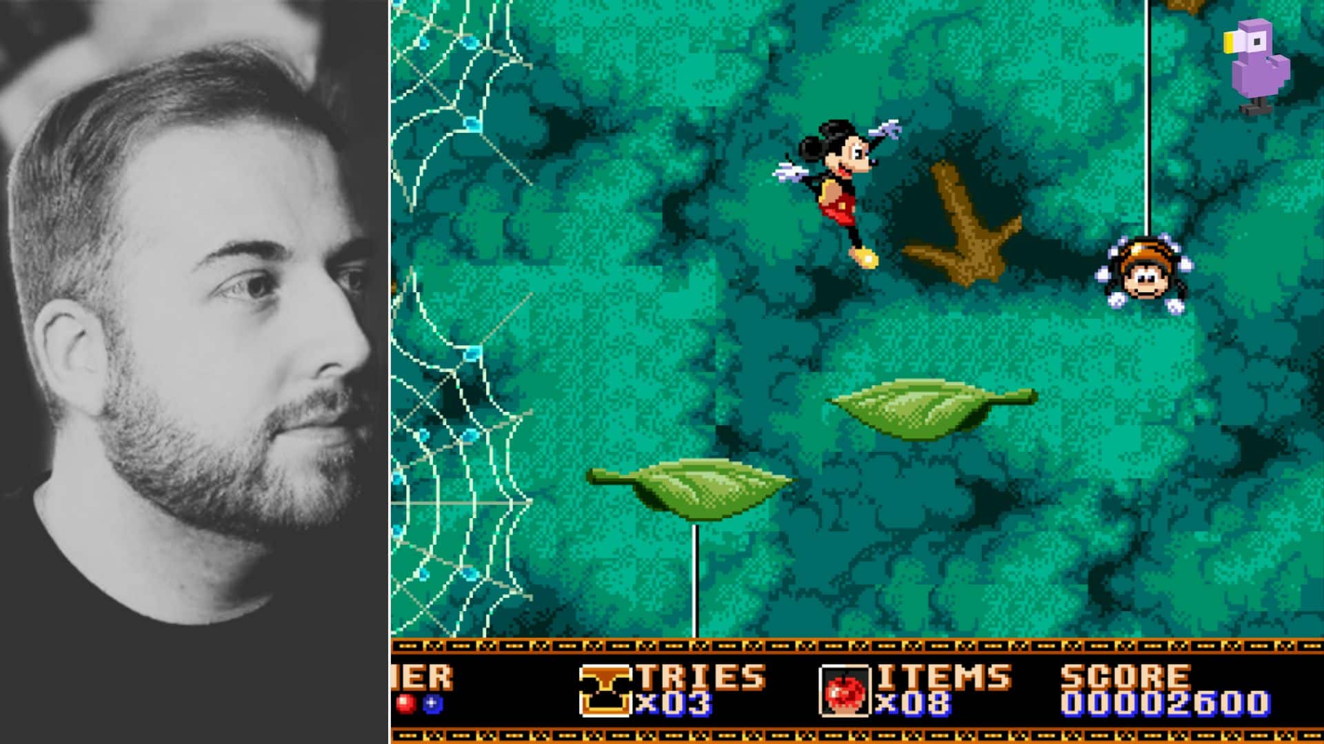 BRANDON SALTALAMACCHIA AND A SCREENSHOT OF MICKET MOUSE JUMPING TOWARDS A SPIDER