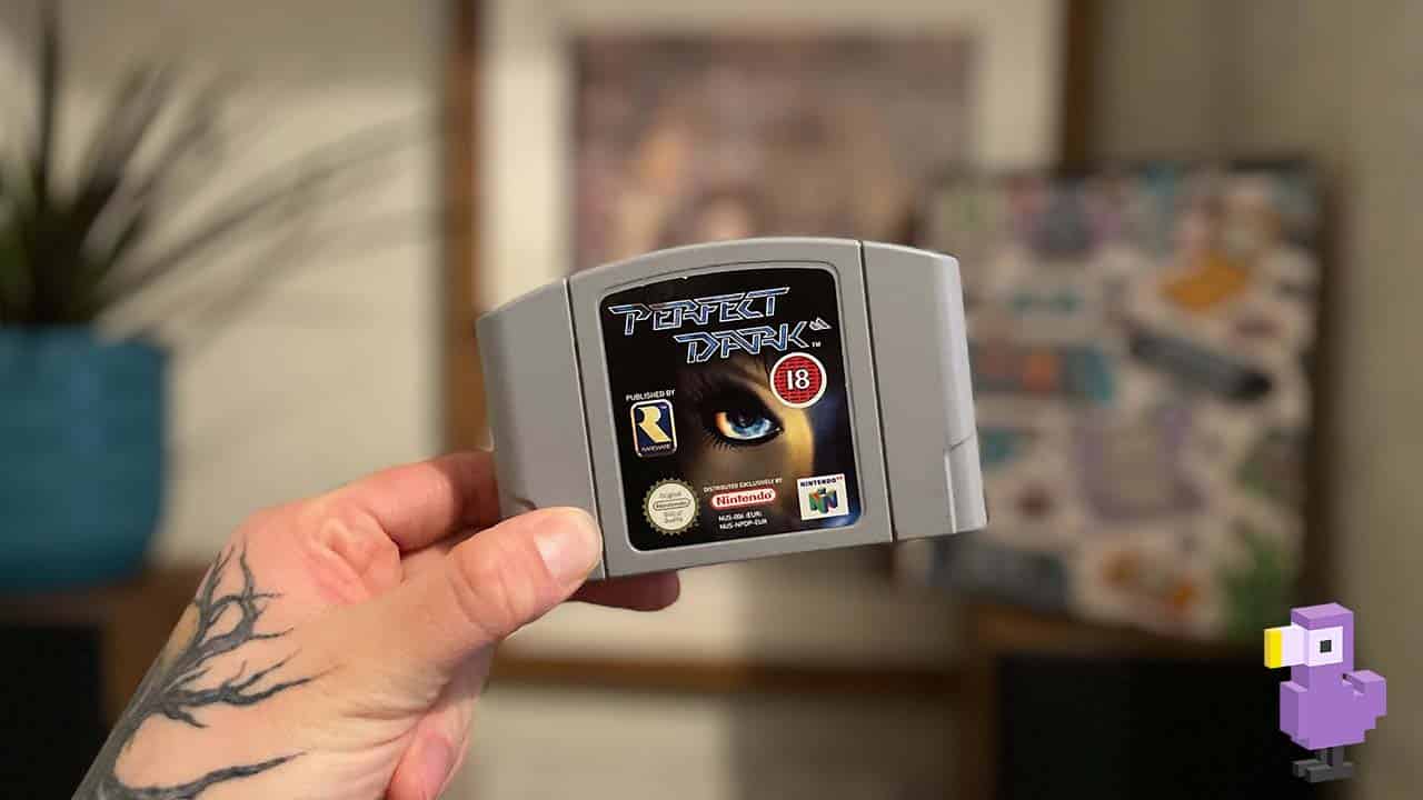 Perfect Dark game cart in Seb's hand