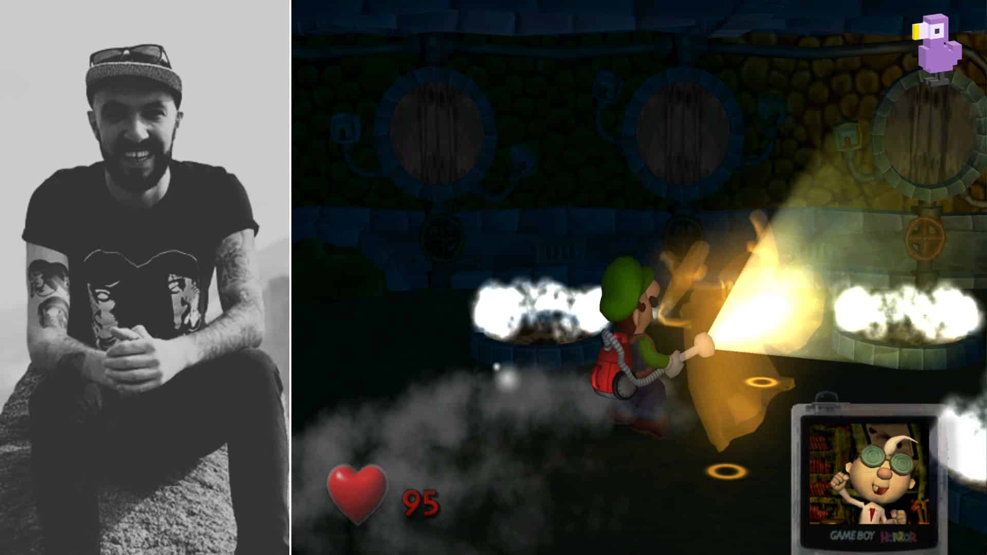 SEB SANTABARBRA AND A SCREENSHOT OF LUIGI VACUUMING A GHOST