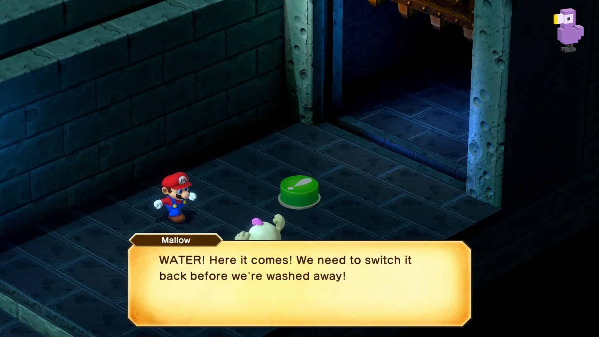 Super Mario RPG - Mario and Mallow looking at a switch