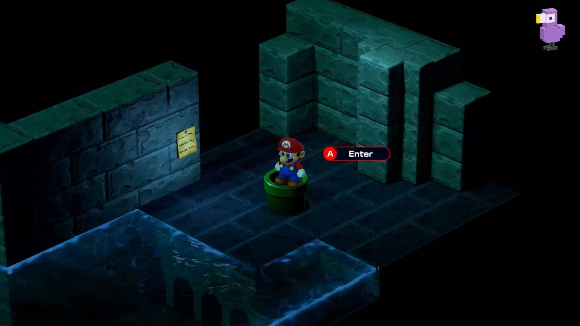 Super Mario RPG gameplay on a green pipe near a yellow note