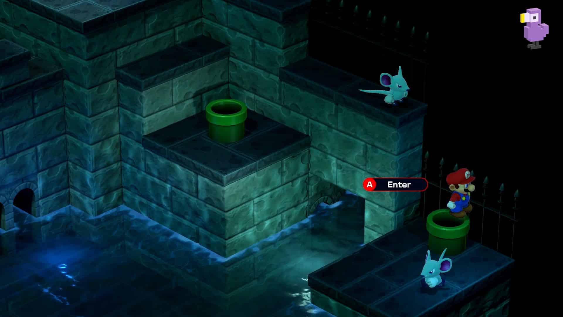 Super Mario RPG gameplay - two mice patrolling while mario stands on one of two pipes