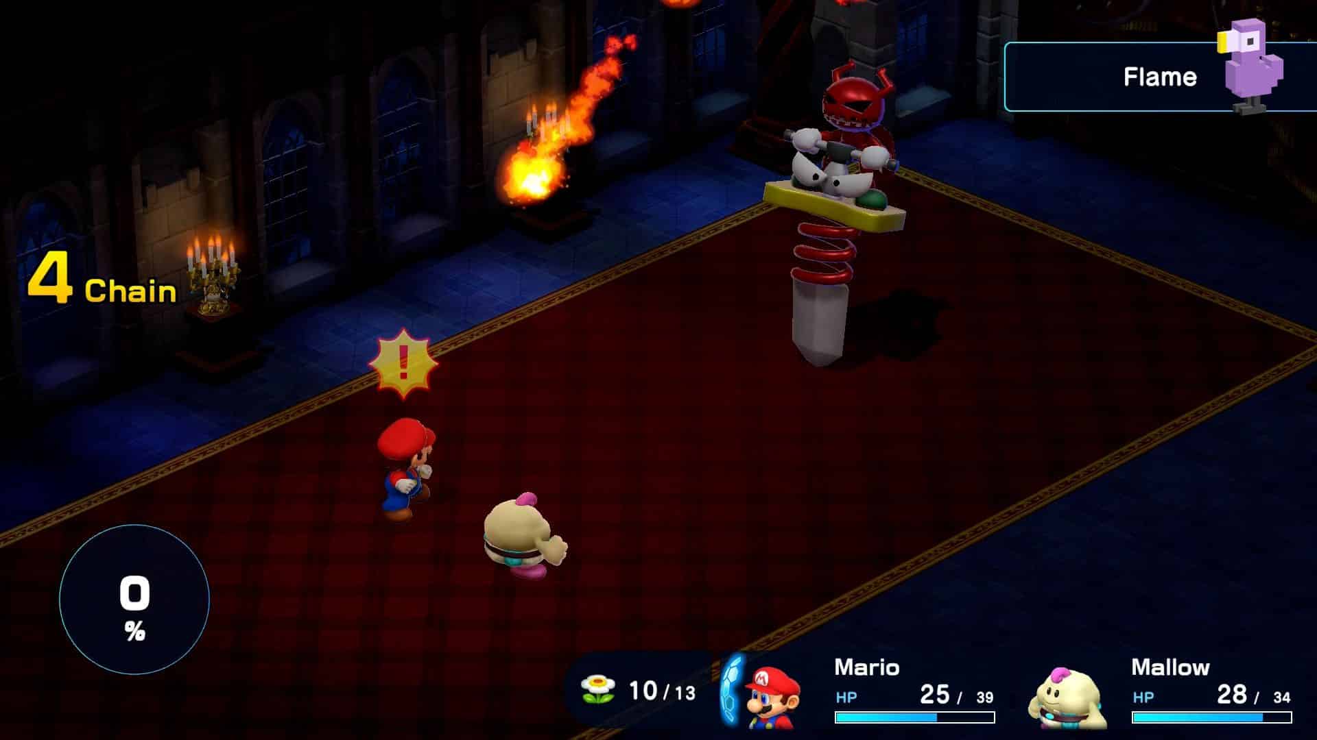 Super Mario RPG gameplay - Mario preparing to defend against a fireball