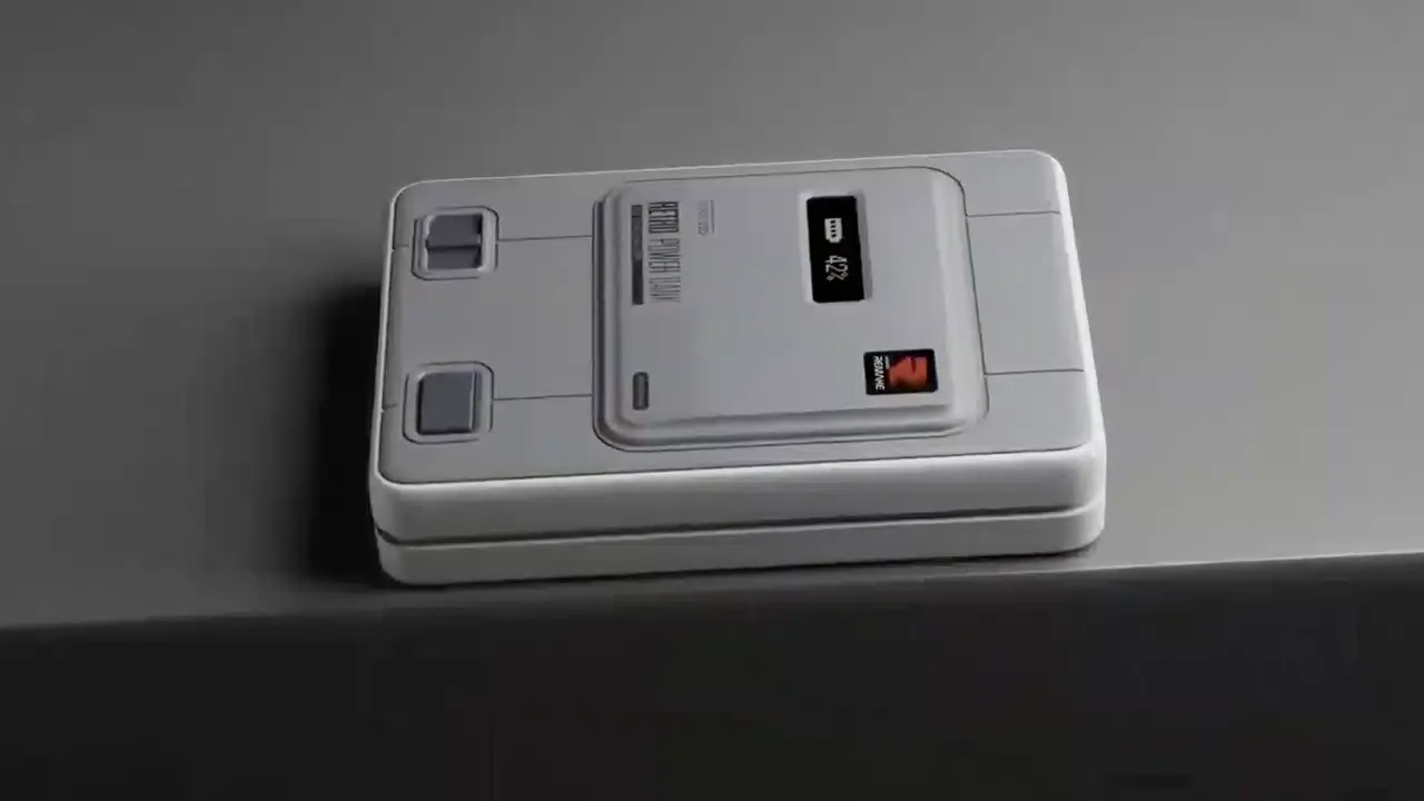 A SIDE VIEW OF THE THE AYANEO RETRO POWER BANK ON A GREY TABLE