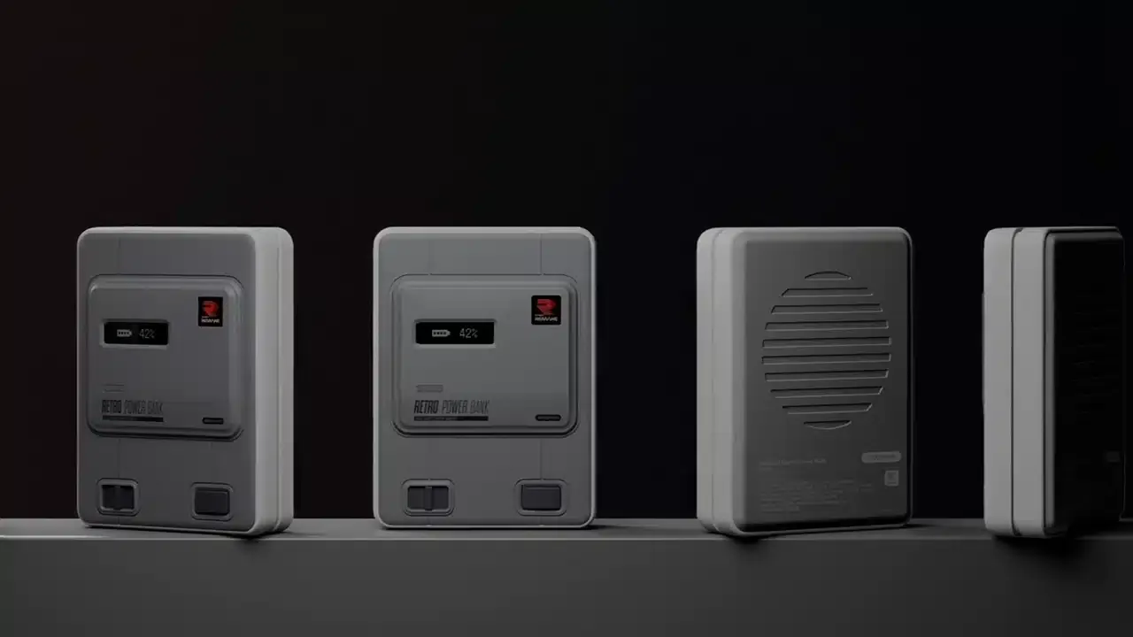 THE AYANEO RETRO POWER BANK SHOWN FROM DIFFERENT ANGLES ON A BLACK BACKGROUND