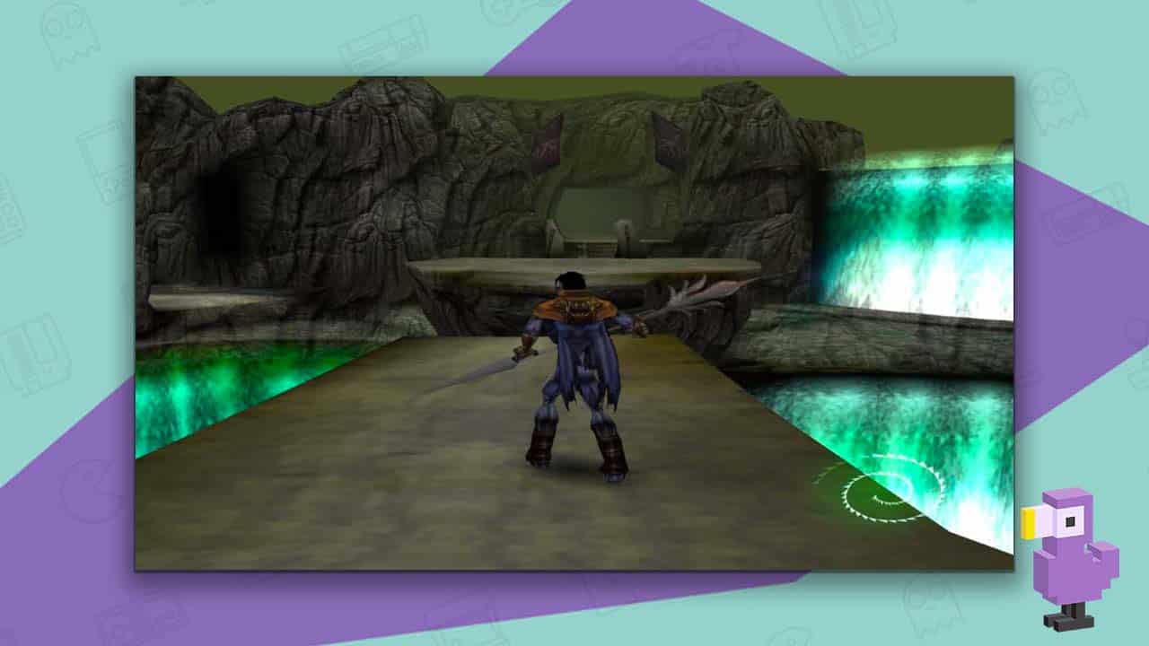 Legacy of Kain Soul Reaver, with Raziel moving along a walkway towards some cliffs. There is green water around him.