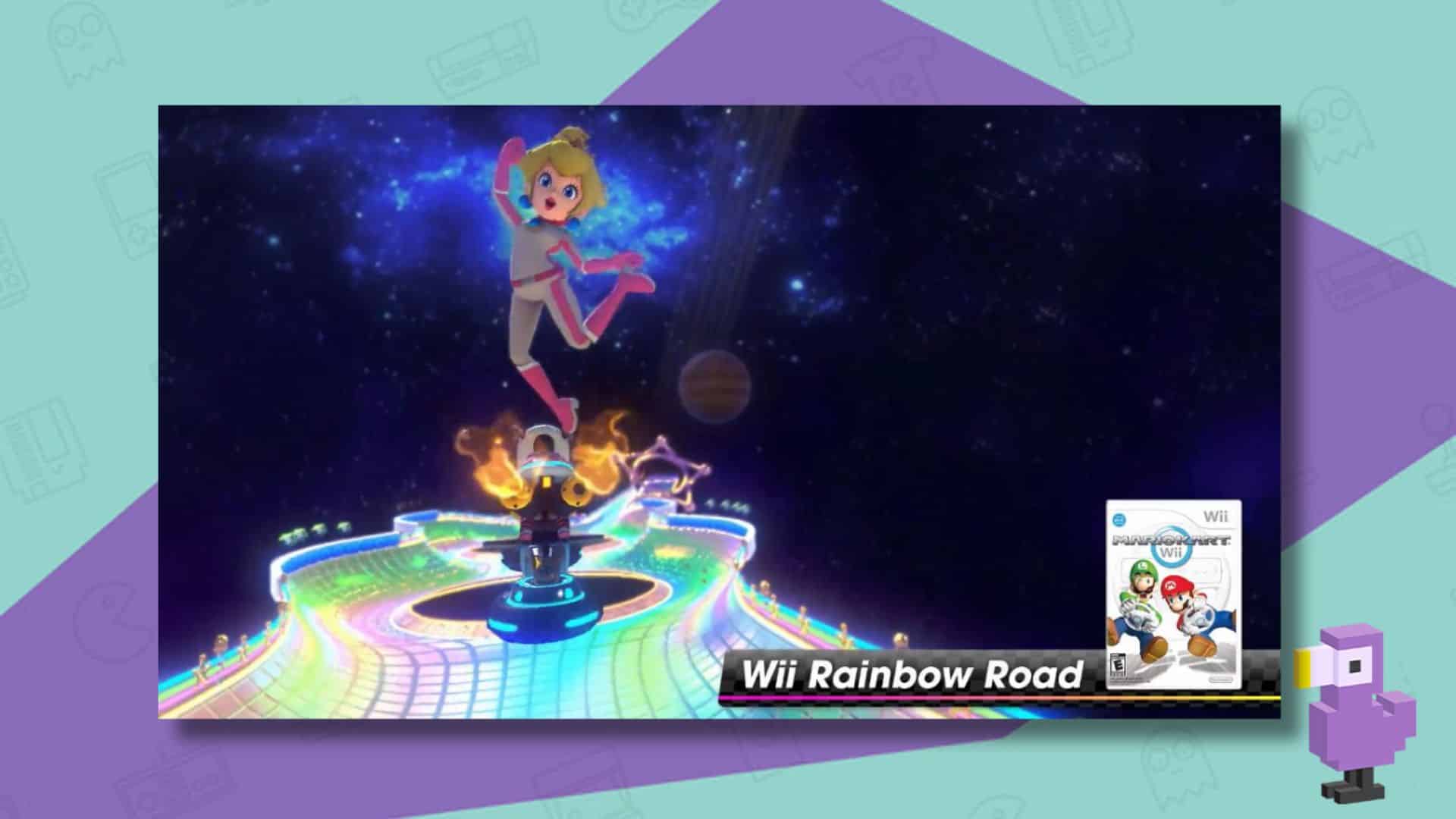 PEACH JUMPS ON HER BIKE ON RAINBOW ROAD