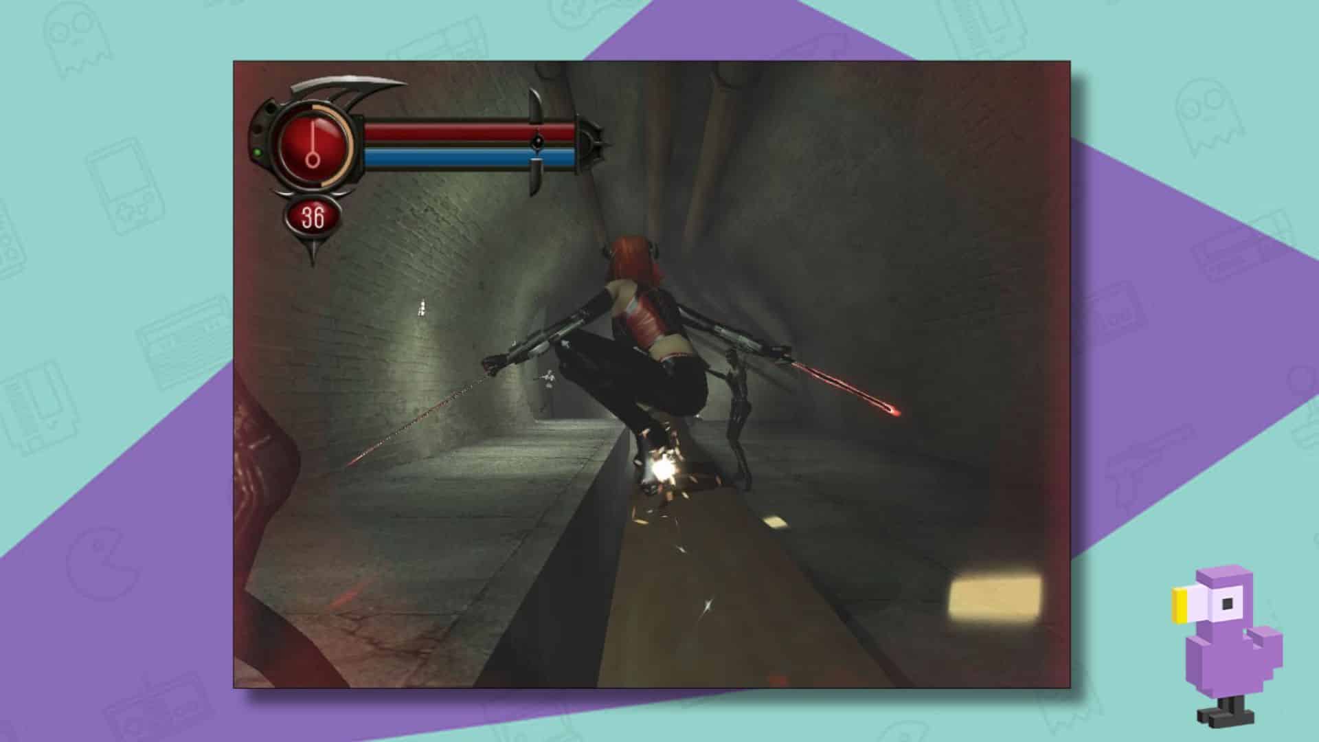 Bloodrayne 2 gameplay, with a vampire battling enemies in a tunnel.