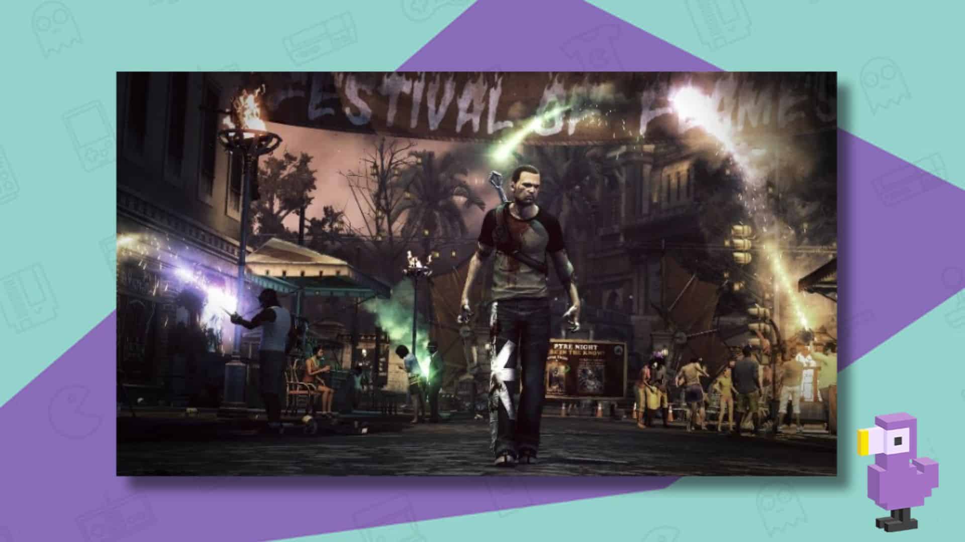 Infamous Festival of Blood gameplay - a character with a sword walking away from a festival