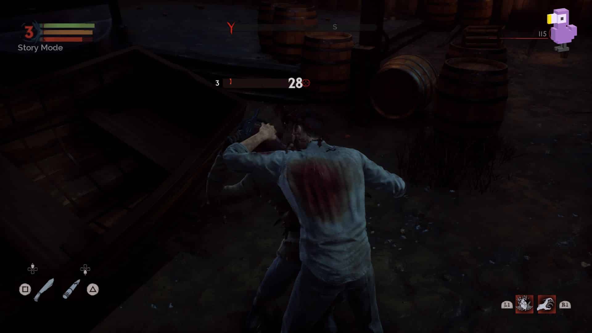 Vampyr gameplay - character in blue shirt with blood stain on the back moving through the dark.