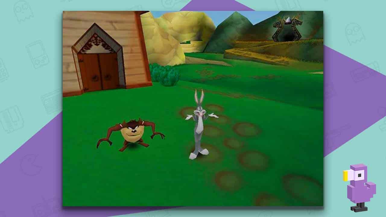 Bugs Bunny & Taz: Time Busters gameplay - Bugs and Taz standing outside a wooden building in a field