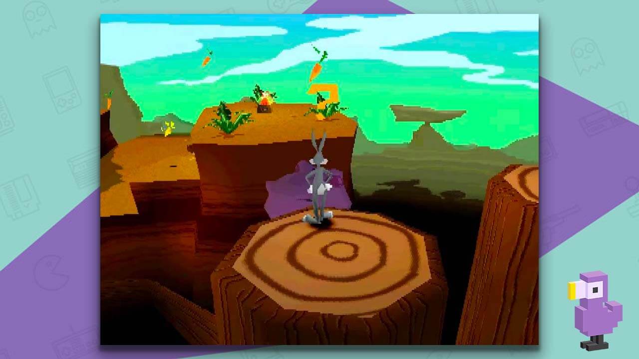 Bugs Bunny: Lost in Time gameplay - Bugs is standing on a log looking at a cliff ledge with a carrot floating above it.