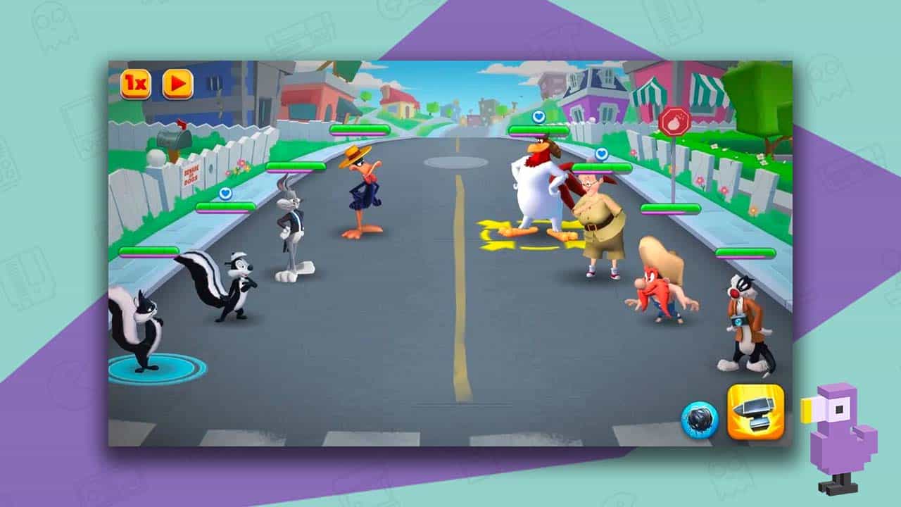 Looney Tunes: Worlds Of Mayhem gameplay - 8 Looney Tunes characters square up against each other, four on either side of a suburban street setting.