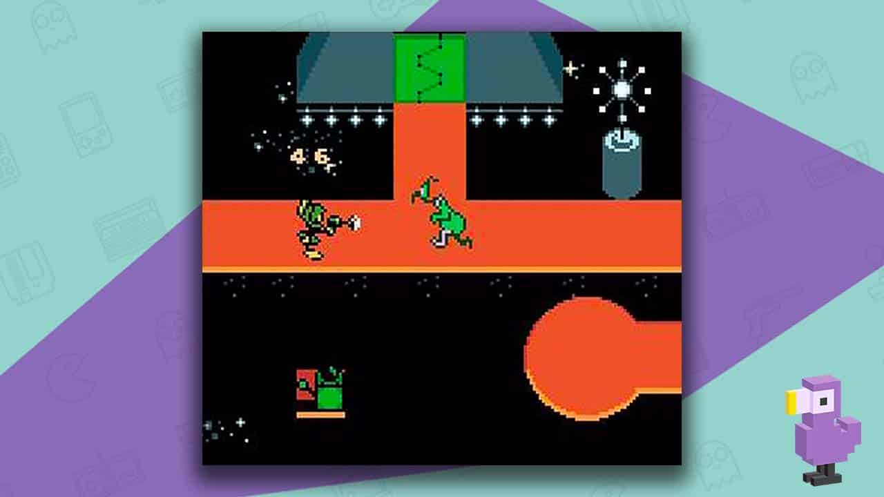 Looney Tunes: Marvin Strikes Back! gameplay - Marvin is attacking an enemy on a red platform in space.