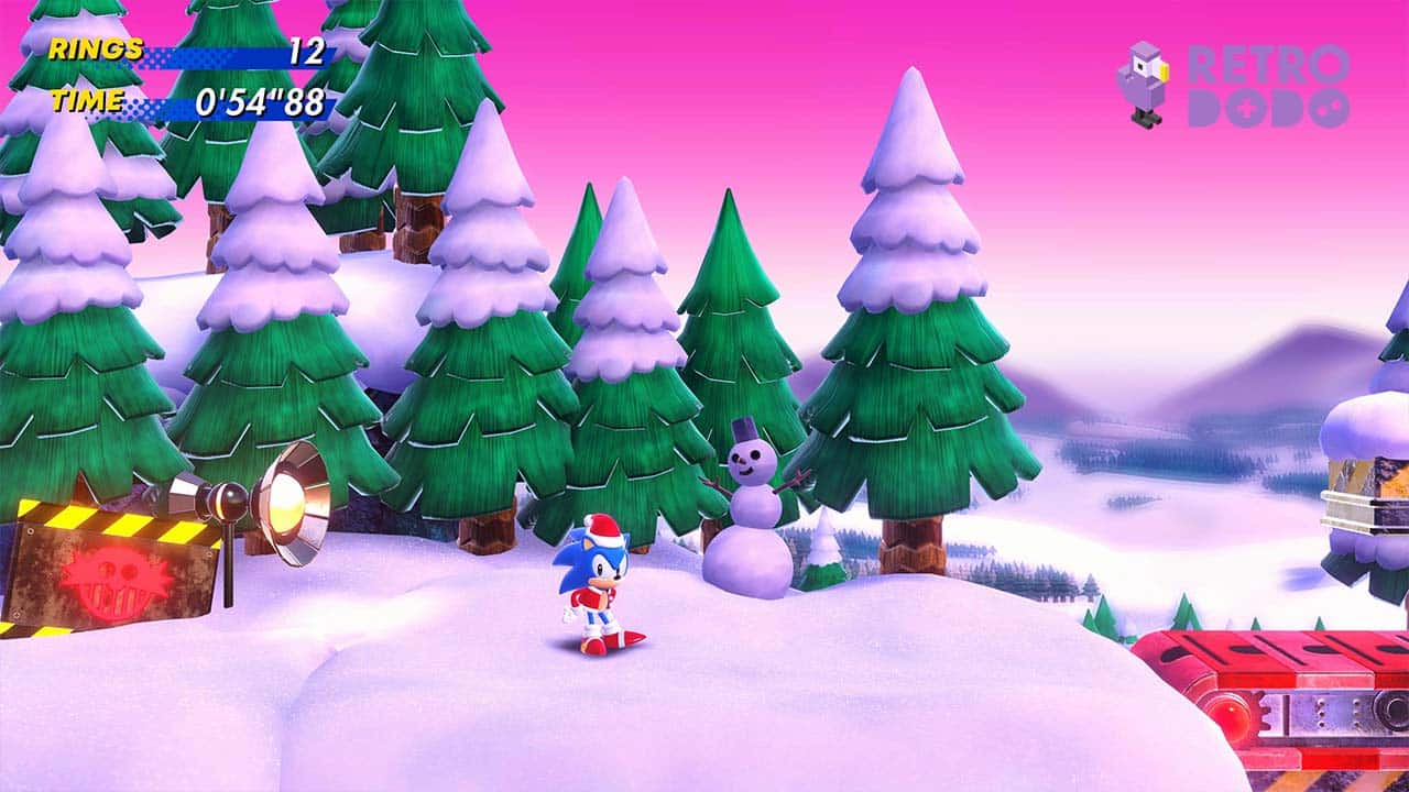 Sonic in the snow in a Santa outfit