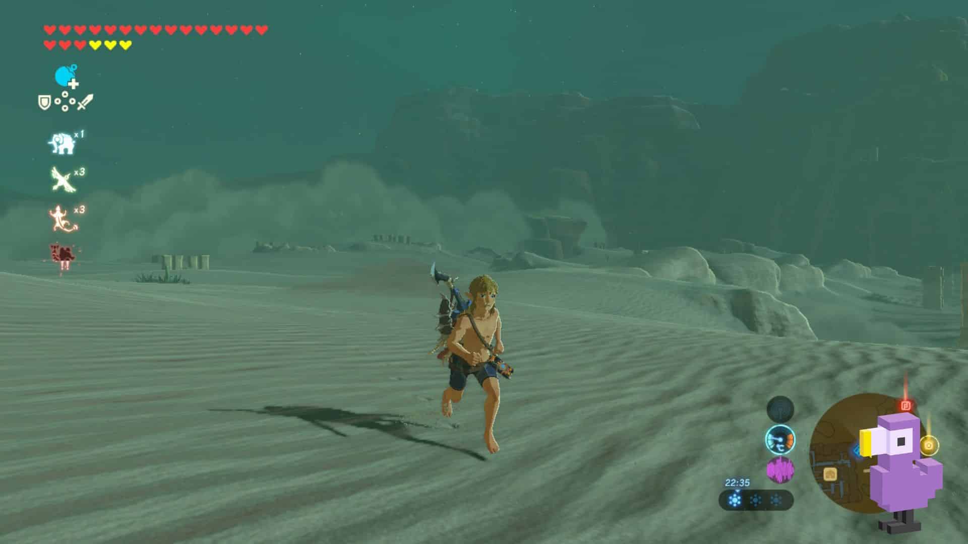 The Legend Of Zelda: Breath Of The Wild (2017) gameplay of Link running on sand