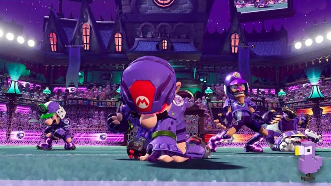 Mario and a football team in purple gear in Mario Strikers Battle League Football