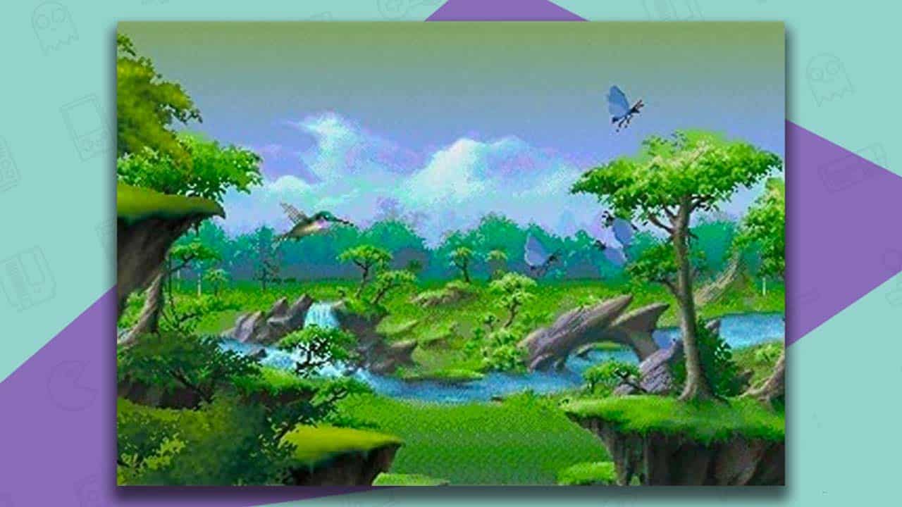 Kolibri gameplay - a hummingbird and other winfed creatures flying in front of a picturesque forest setting.