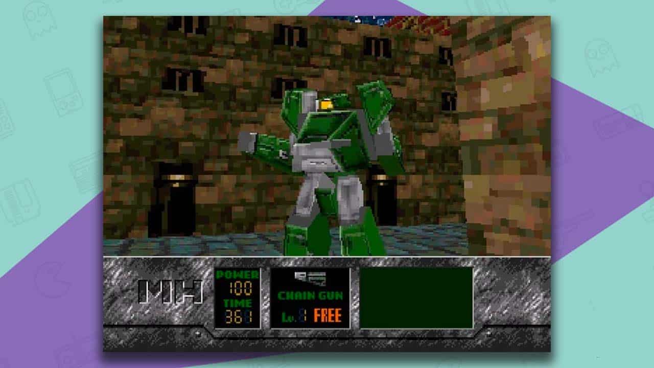 Metal Head gameplay, showing a green and silver robot standing by a brick wall